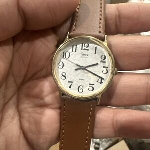 Working Timex Indiglo Men Watch Gold Tone New Brown Leather Quartz 33mm Fit 7.5"